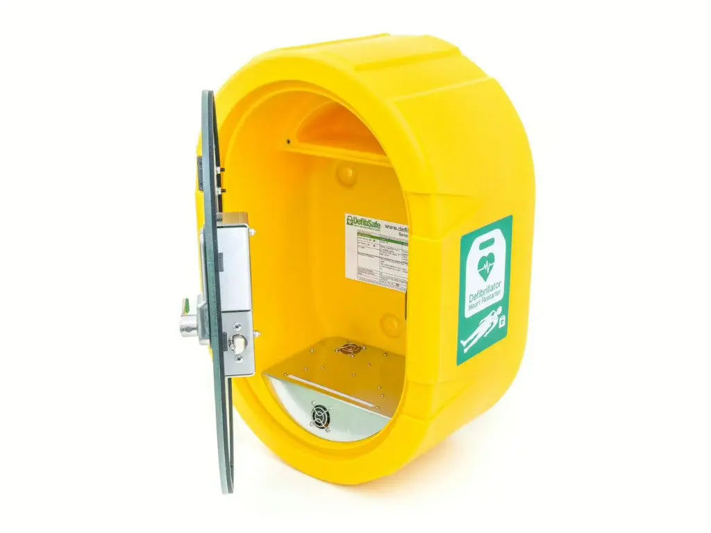 Yellow safety lockout device with a green label on a white background