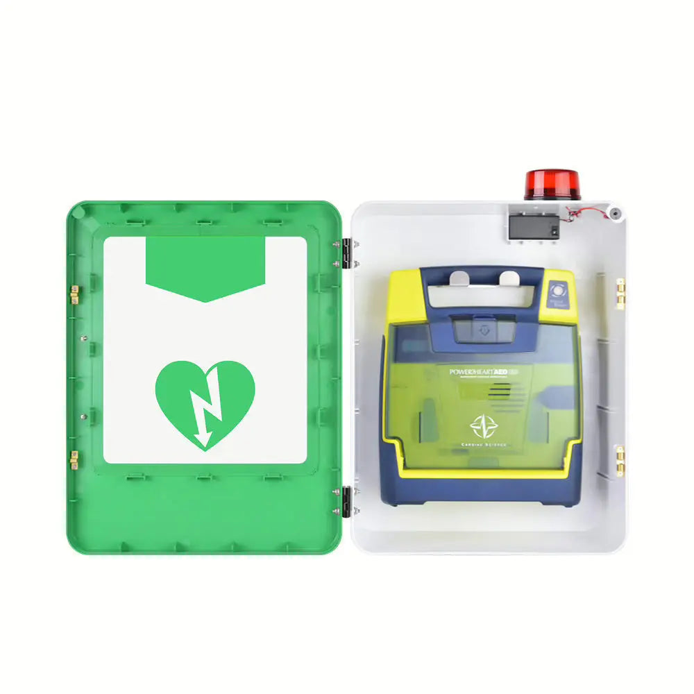 Defibrillator with green cover featuring a heart and 'N' symbol on a white background