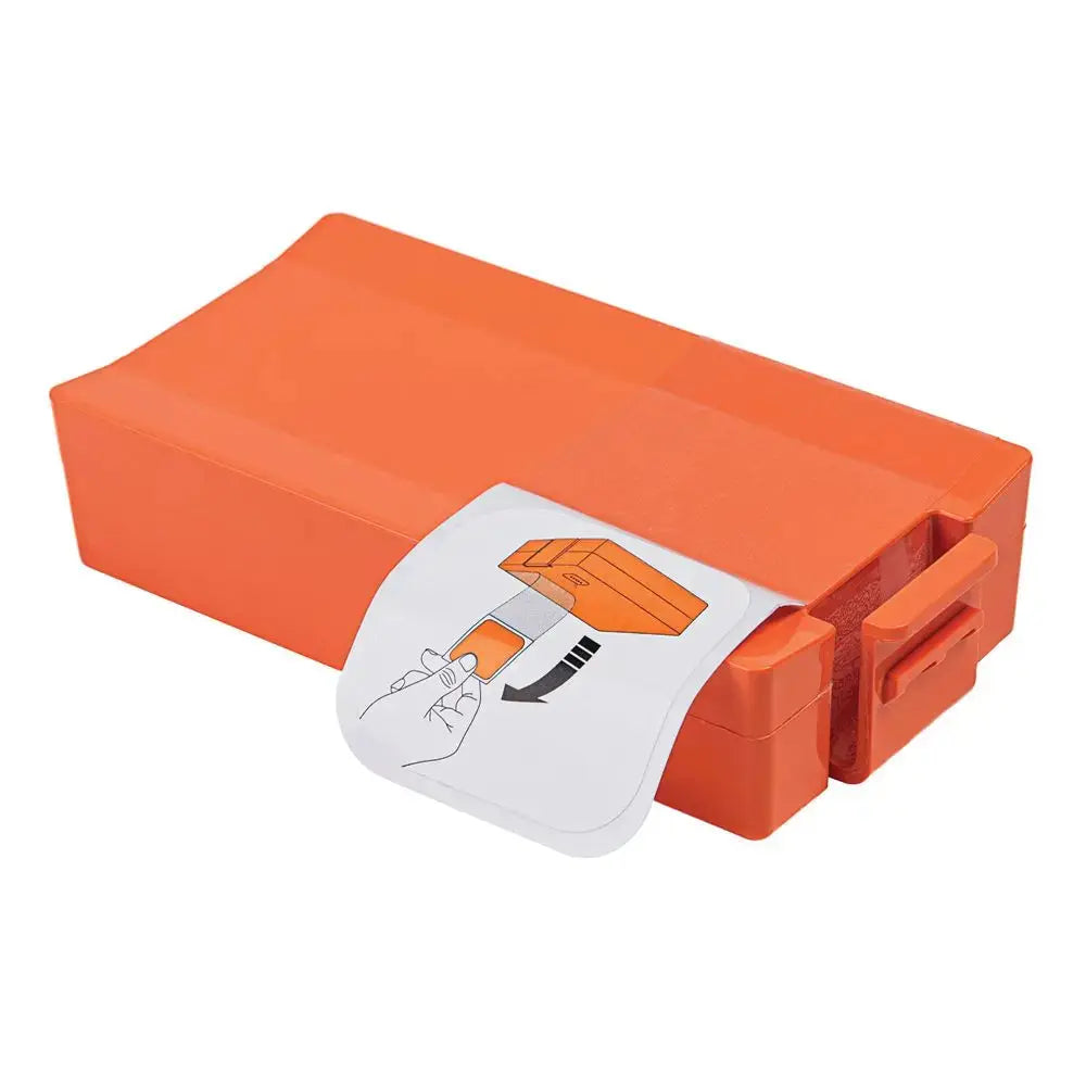 Orange tool box with a white label on a white background