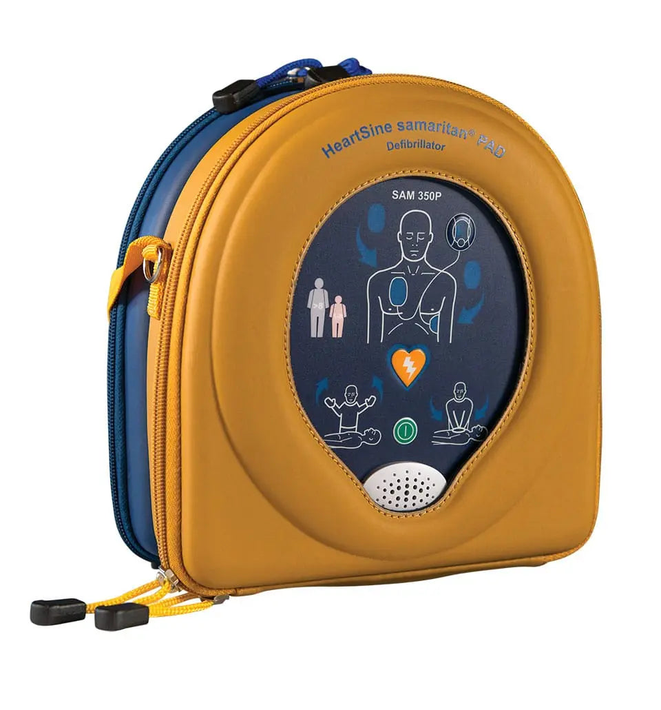 HeartSine Samaritan Defibrillator case with blue and yellow design on a white background