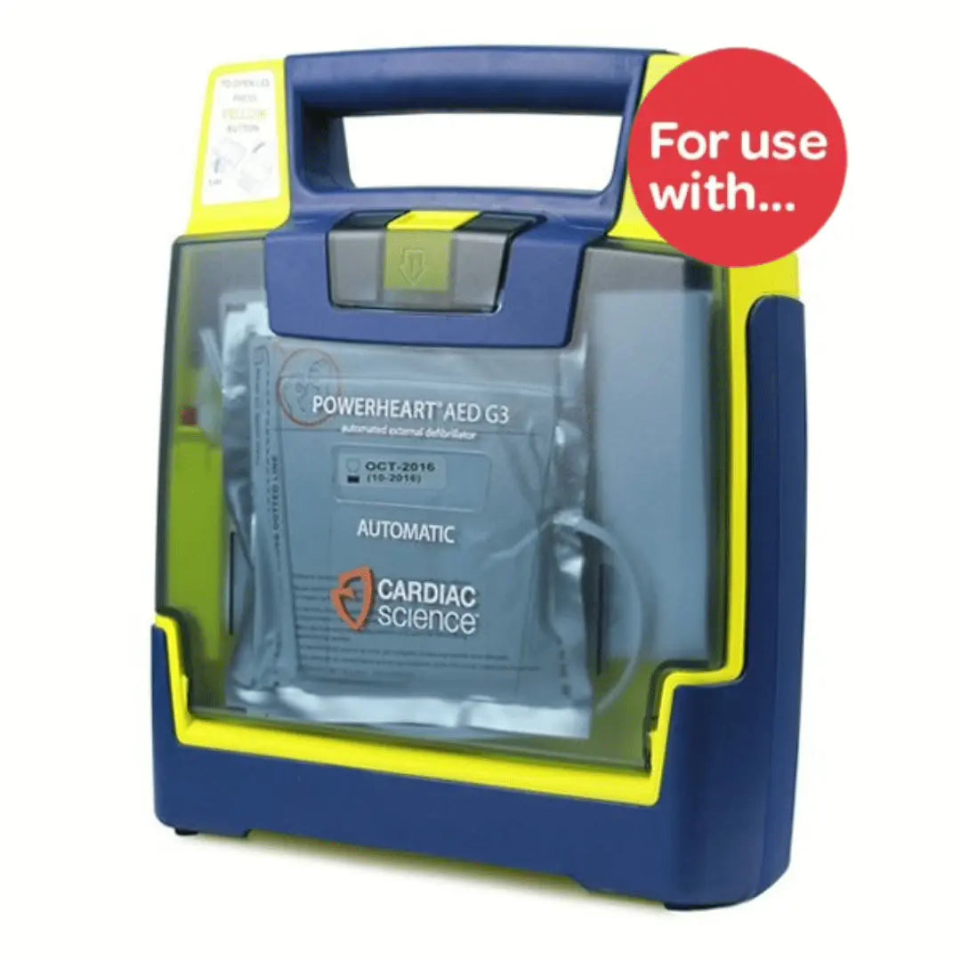 Cardiac Science Powerheart AED G3 in a blue and yellow carrying case on a white background