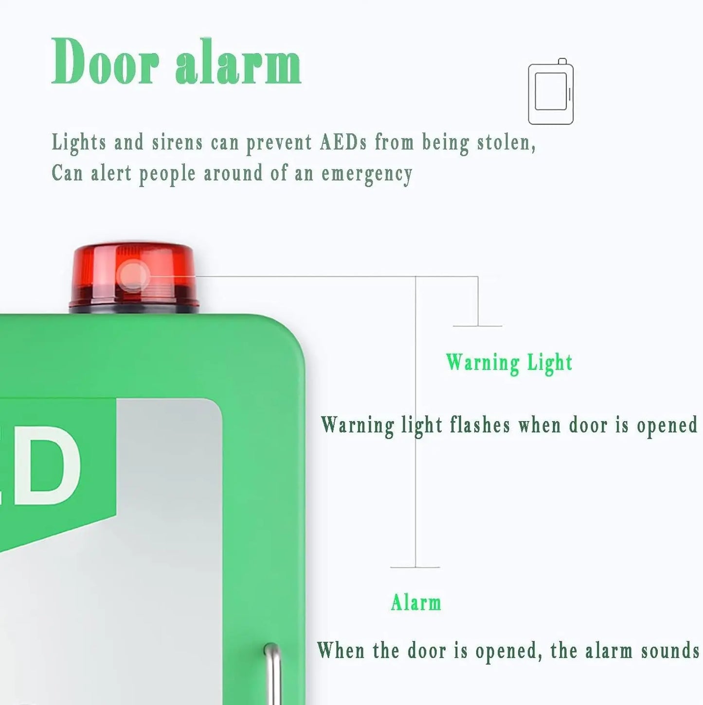 Diagram of a door alarm system with a warning light and alarm on a white background.