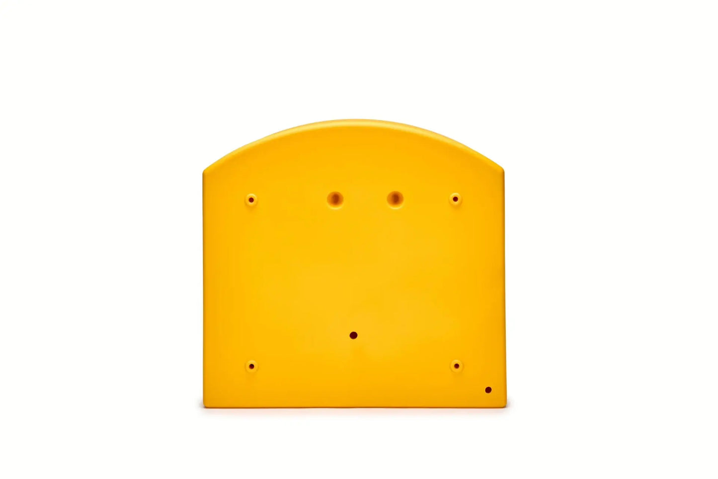 Yellow plastic bracket with multiple holes on a white background