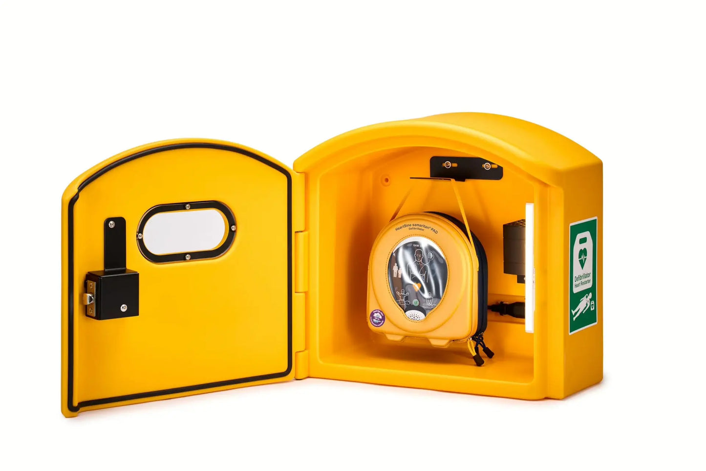 Yellow defib equipment case with a defibrillator inside on a white background