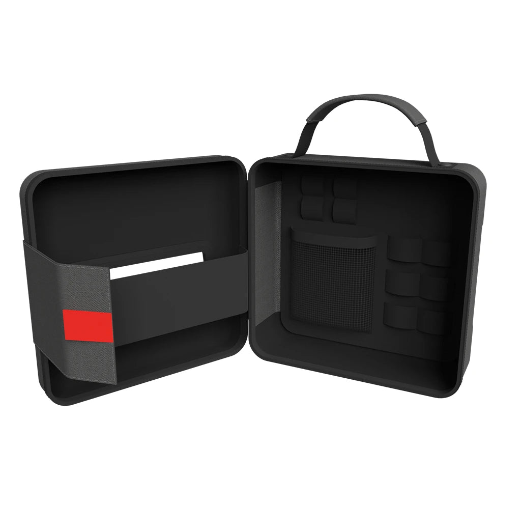 Black carrying case with open lid showing compartments on a white background