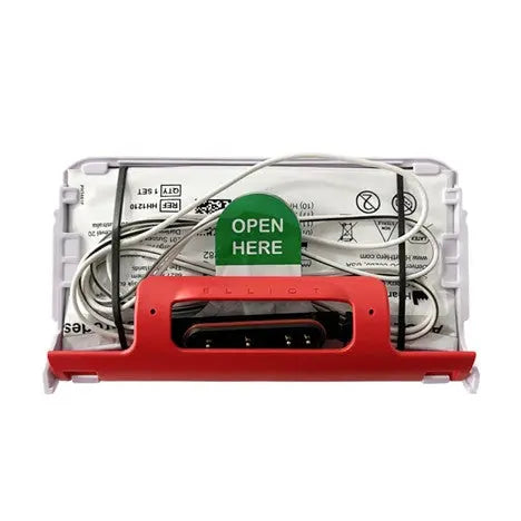 Red and transparent plastic packaging with a green 'Open Here' label on a white background