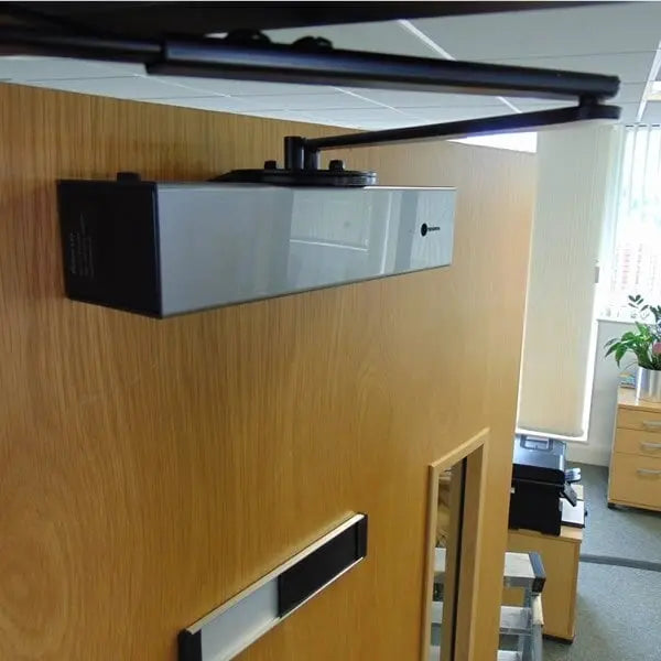 Wooden office partition with electronic door lock mechanism