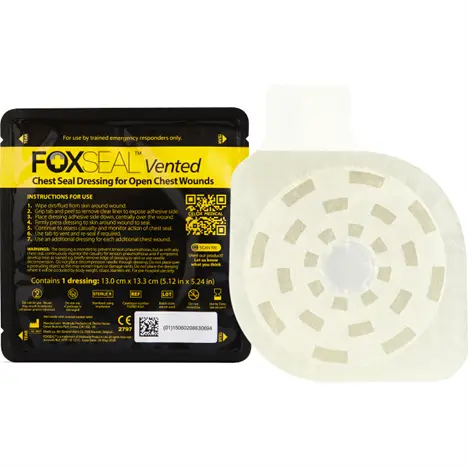 FOXSEAL Vented Chest Seal Dressing packaging with clear view of the dressing on a white background