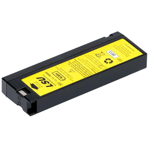 Laptop battery with yellow label on a white background