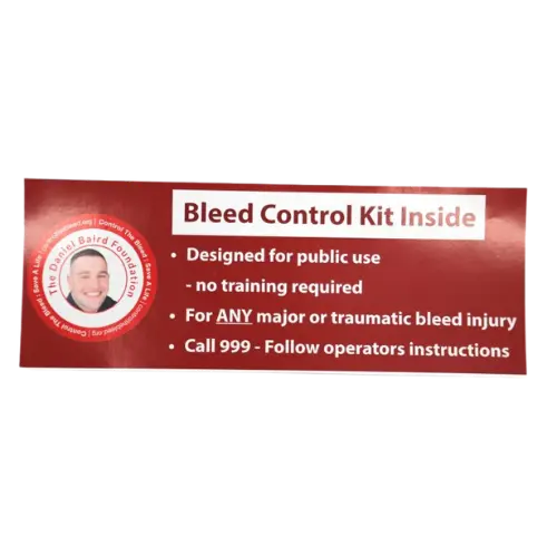 Bleed control kit label with text and a logo on a red background