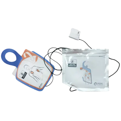 AED (Automated External Defibrillator) pads with clear pouch on a white background