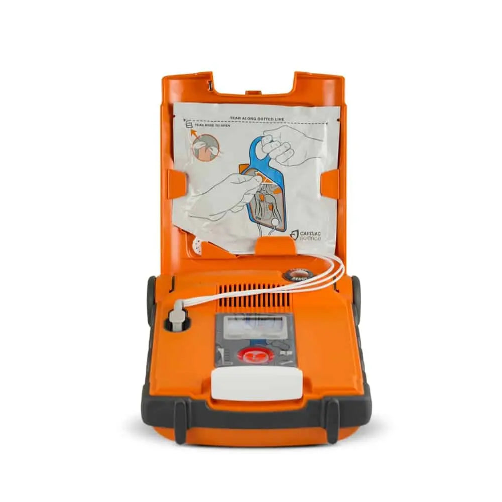 Orange and gray AED (Automated External Defibrillator) on a white background