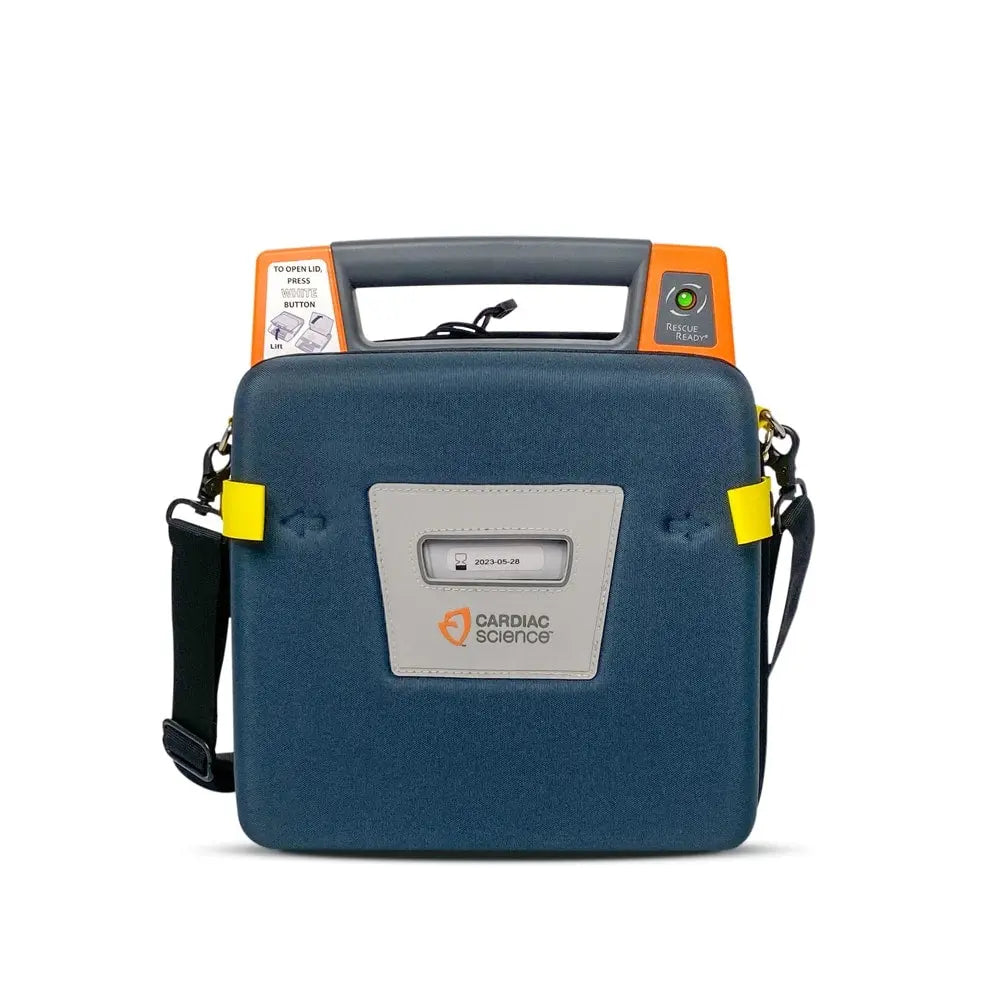 Blue carrying case with handle and Cardiac Science logo on a white background