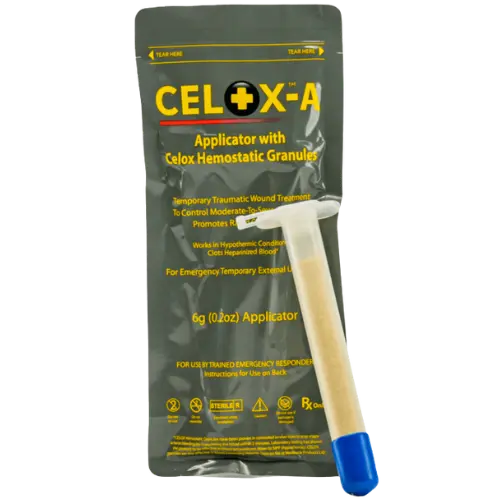 CELX-A applicator with hemostatic granules packaging on a white background