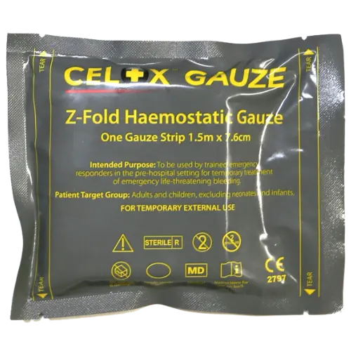 CEL X Gauze Z-Fold Haemostatic Gauze packaging on a white background