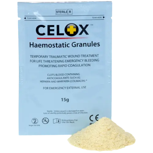 CELox haemostatic granules packaging with powder on a white background