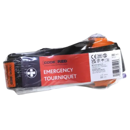 Emergency tourniquet in packaging with 'Code Red' branding on a white background