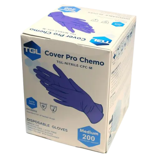 Box of TGL Cover Pro Chemo disposable gloves with blue gloves on a white background