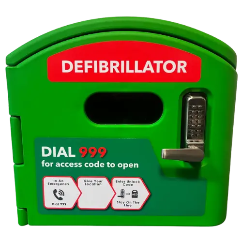 Bright green AED Cabinet, with defibrillator in red box