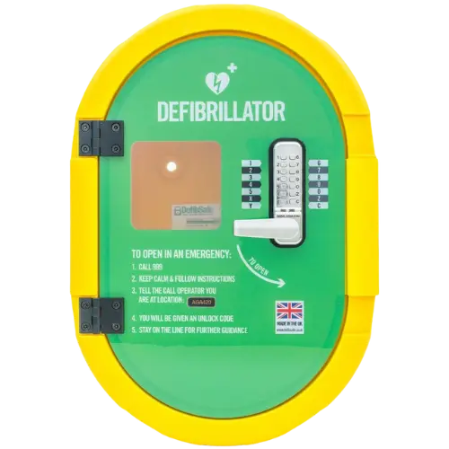 Defibrillator case with green door and yellow border on a white background