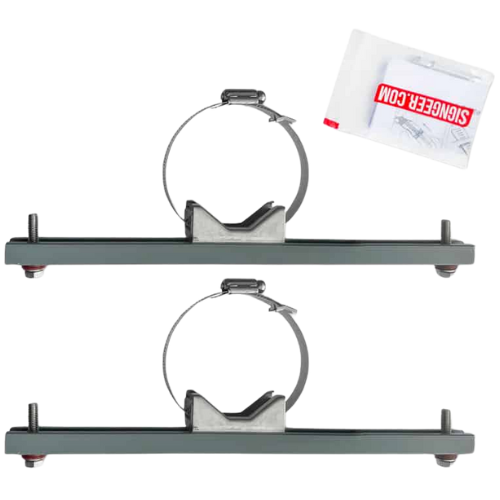 Two metal shelves with circular hooks on a white background