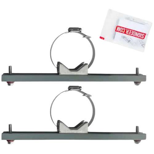 Two metal shelves with circular hooks on a white background