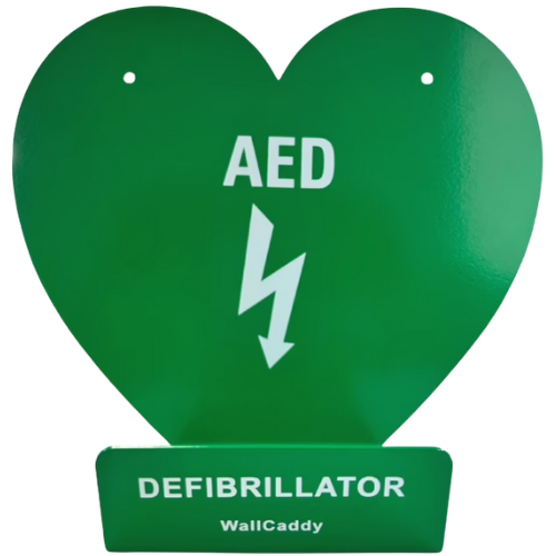 Heart-shaped green AED defibrillator stand with 'AED Defibrillator' text and WallCaddy branding.