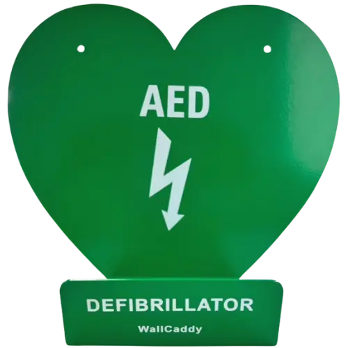 Heart-shaped green AED defibrillator stand with 'AED Defibrillator' text and WallCaddy branding.