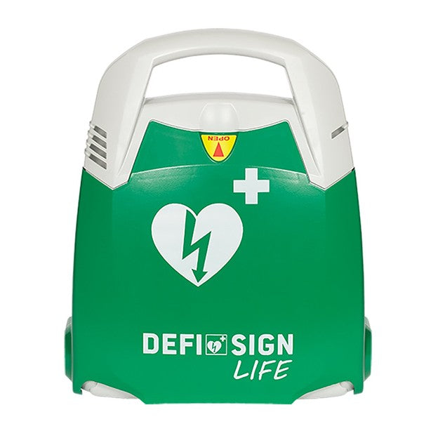 Green and white defibrillator with 'DEFI SIGN LIFE' branding on a white background