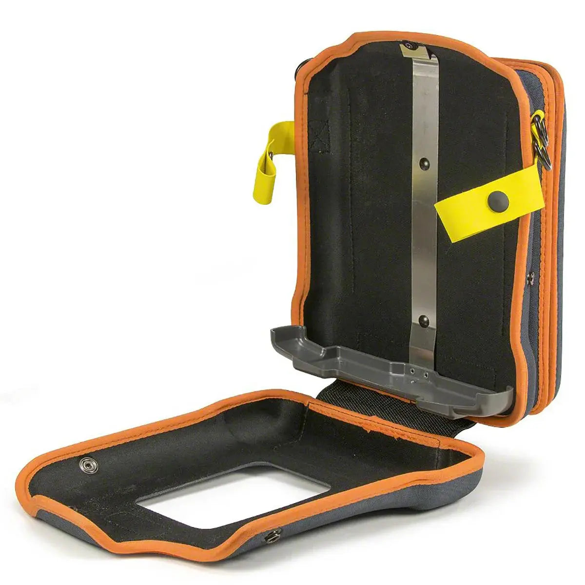 Orange and black tool case with a yellow strap on a white background