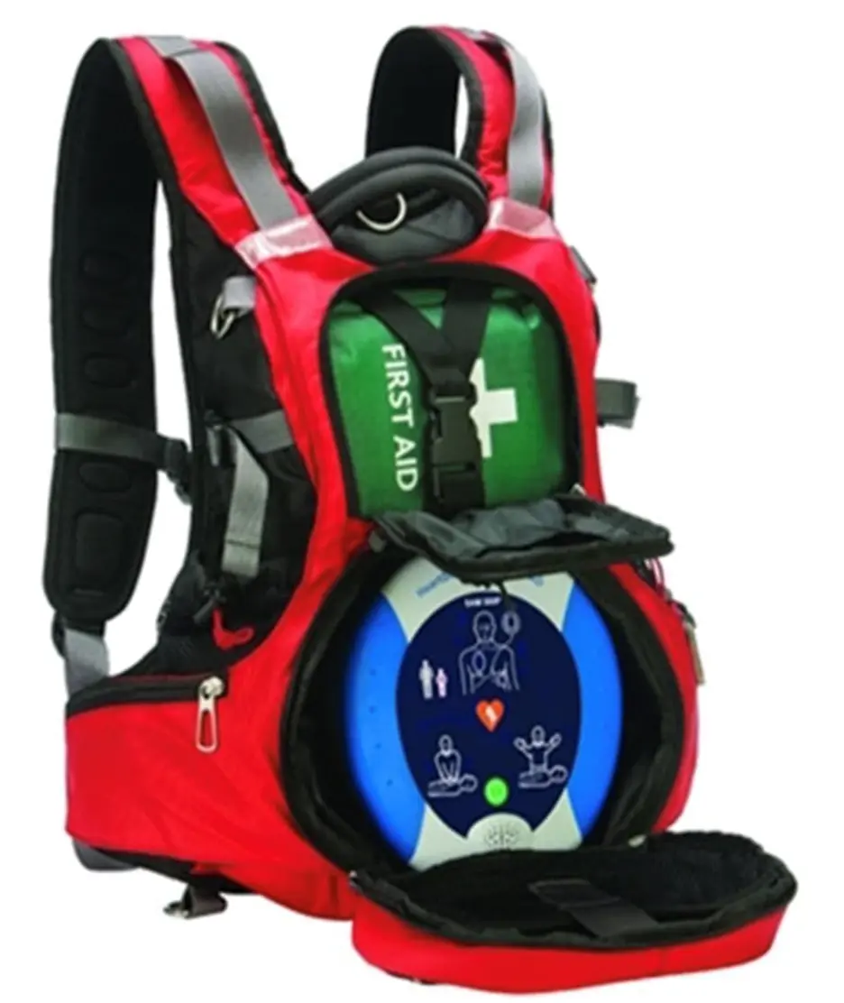 Red backpack with a first aid kit and emergency response panel on a white background