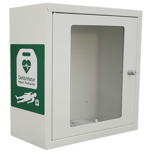 White wall-mounted defibrillator cabinet with green and white label on a white background