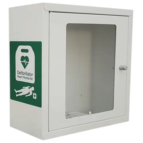 White wall-mounted defibrillator cabinet with green and white label on a white background