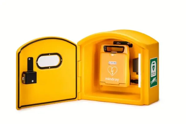 Yellow defibrillator case with a defibrillator inside on a white background