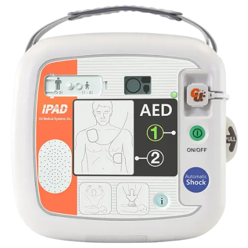 Automated External Defibrillator (AED) with visible brand logo on a white background