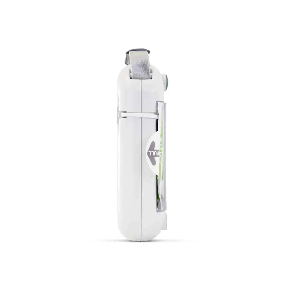 White electronic device with a brand logo on a white background