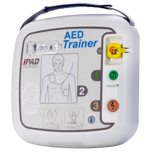AED Trainer device with control buttons and display on a white background