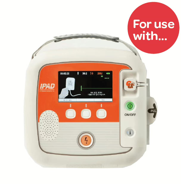 Defibrillator with a red circle labeled 'For use with...' on a white background