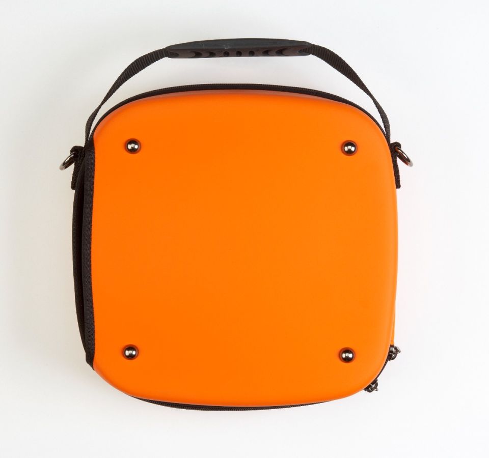 back or orange case with black handle on top