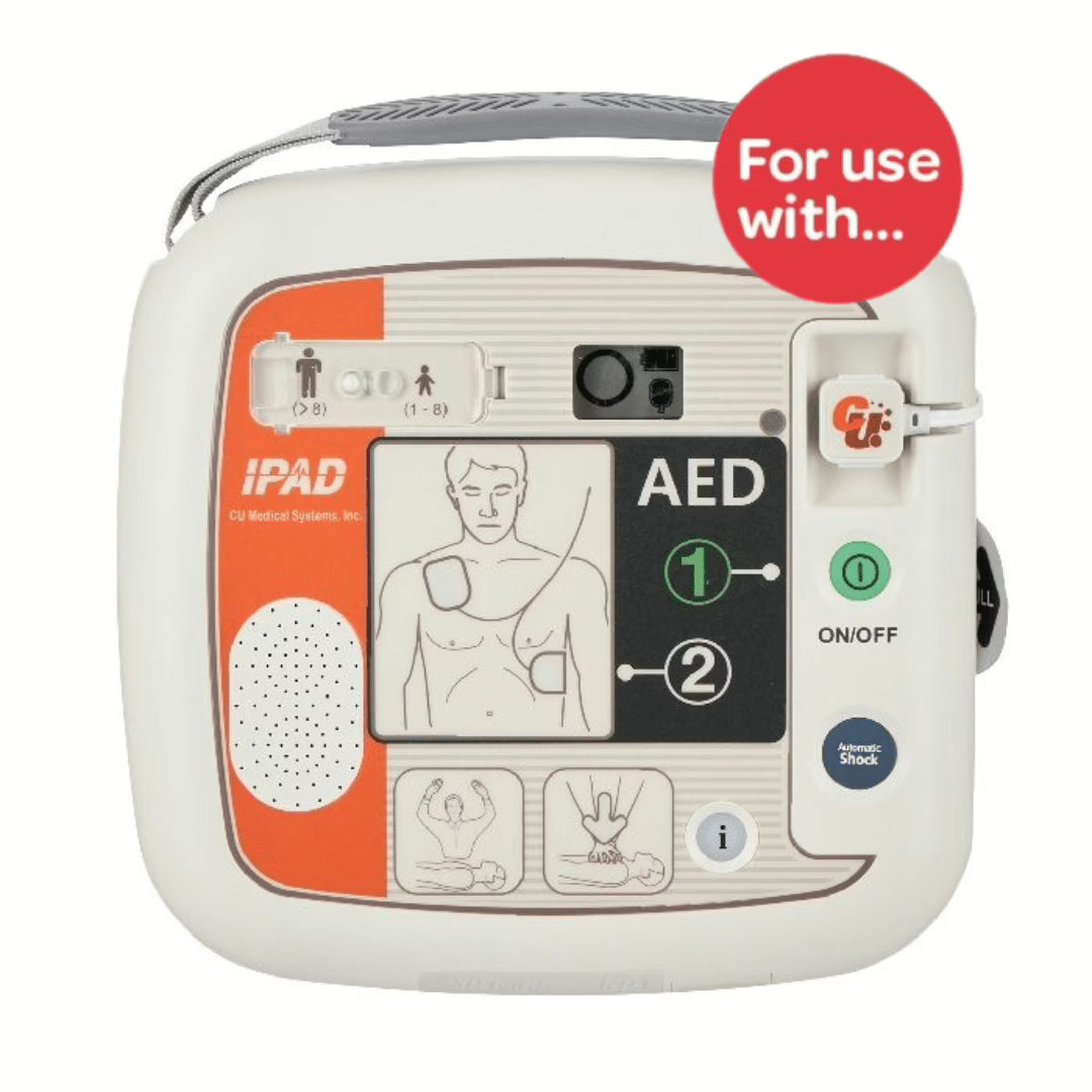 AED device with 'For use with' label on a white background