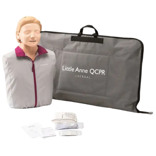 Laerdal Little Anne QCPR manikin with carrying case on a white background
