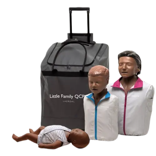 Gray bag labeled 'Little Family QCPR' with two mannequin figures on a white background