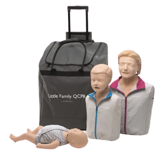 CPR training mannequins with a carrying bag labeled 'Little Family QCPR' on a white background.