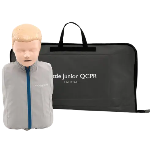 Laerdal Little Junior QCPR manikin with carrying case on a white background