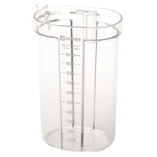 Clear measuring beaker with measurement markings on a white background