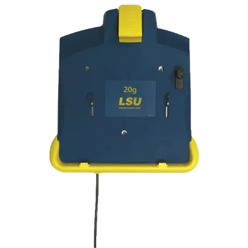Blue and yellow device with '20g LSU' label on a white background