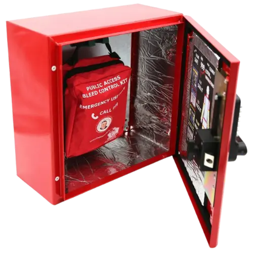 Red first aid kit with a bleed control kit inside on a white background