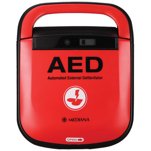 Red AED (Automated External Defibrillator) with MEDIANA branding on a red background
