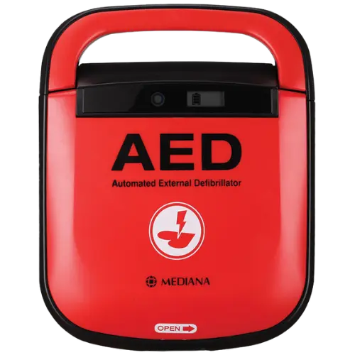 Red AED (Automated External Defibrillator) with MEDIANA branding on a red background