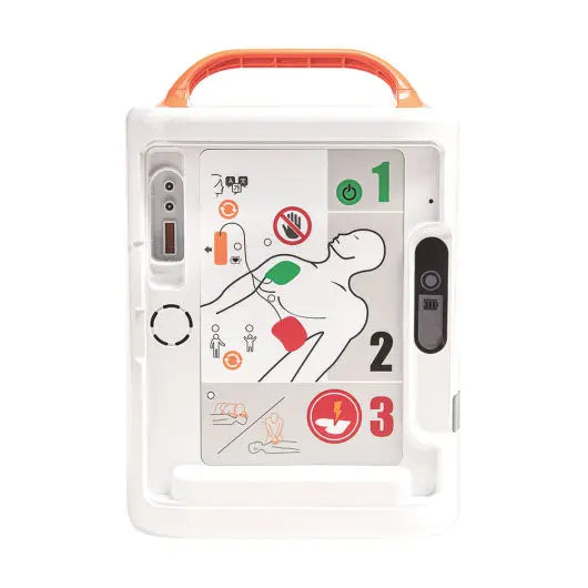 Defibrillator with instructional diagram on a white background